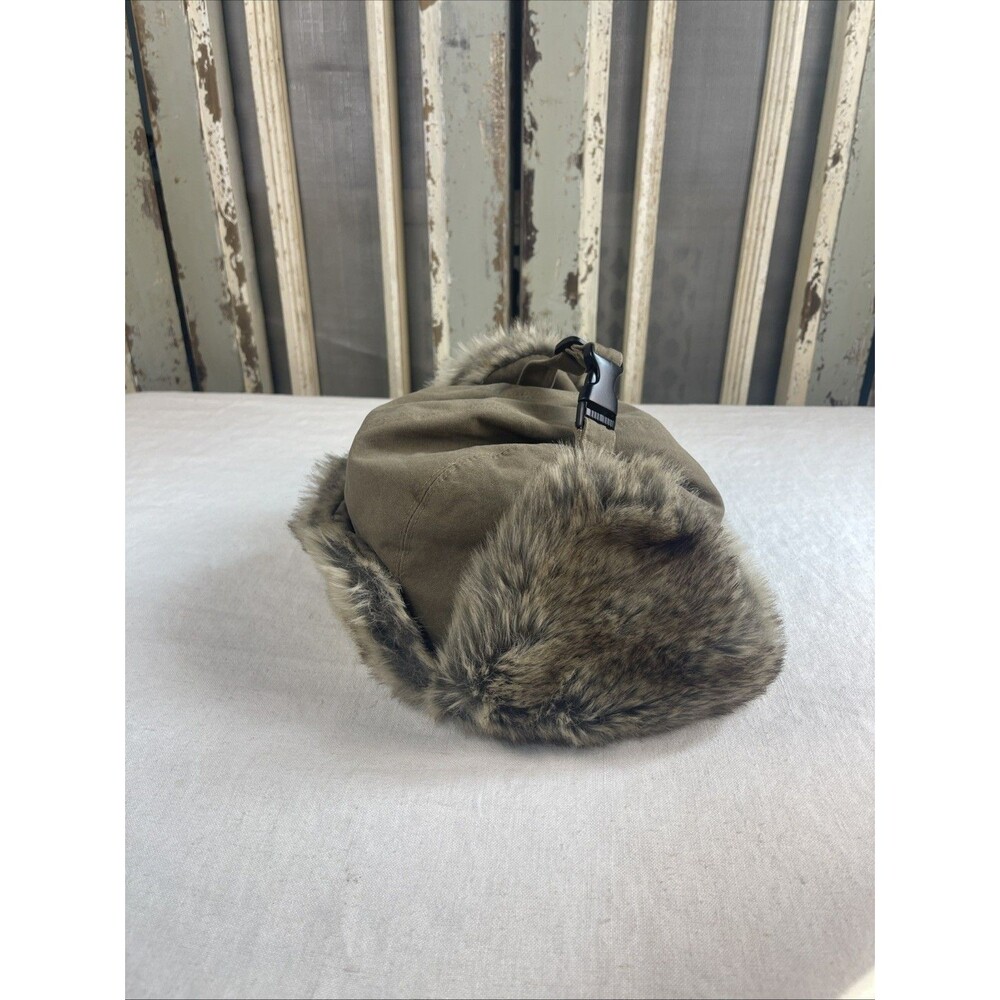 Timberland EUC Canvas Trapper Hat Tan Brown Faux Fur Aviator Winter Bomber Cap - Picture 2 of 9